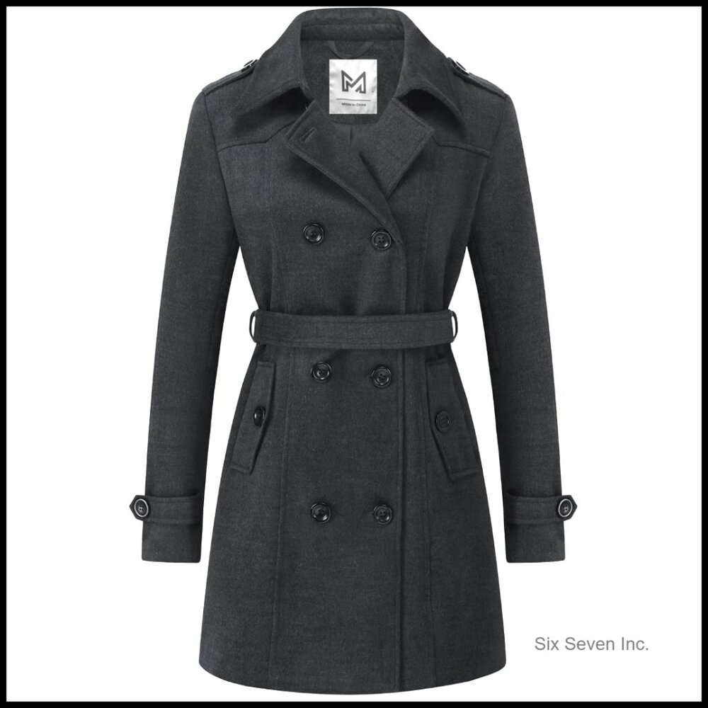 Double Breasted Pea Coat With Belt, Slim Fit, Winter Trench, Polyester